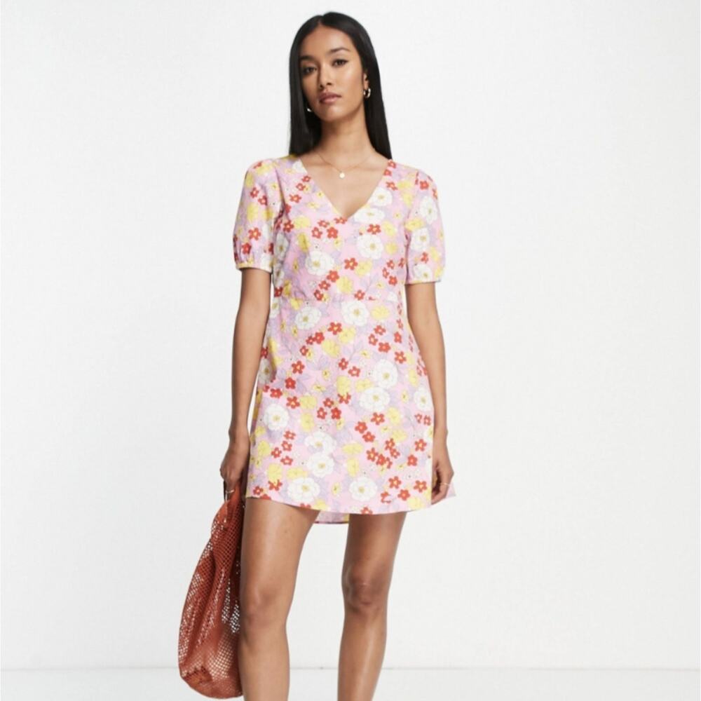 Vero Moda Mini Dress Retro Floral Open Back Knot XL Pink